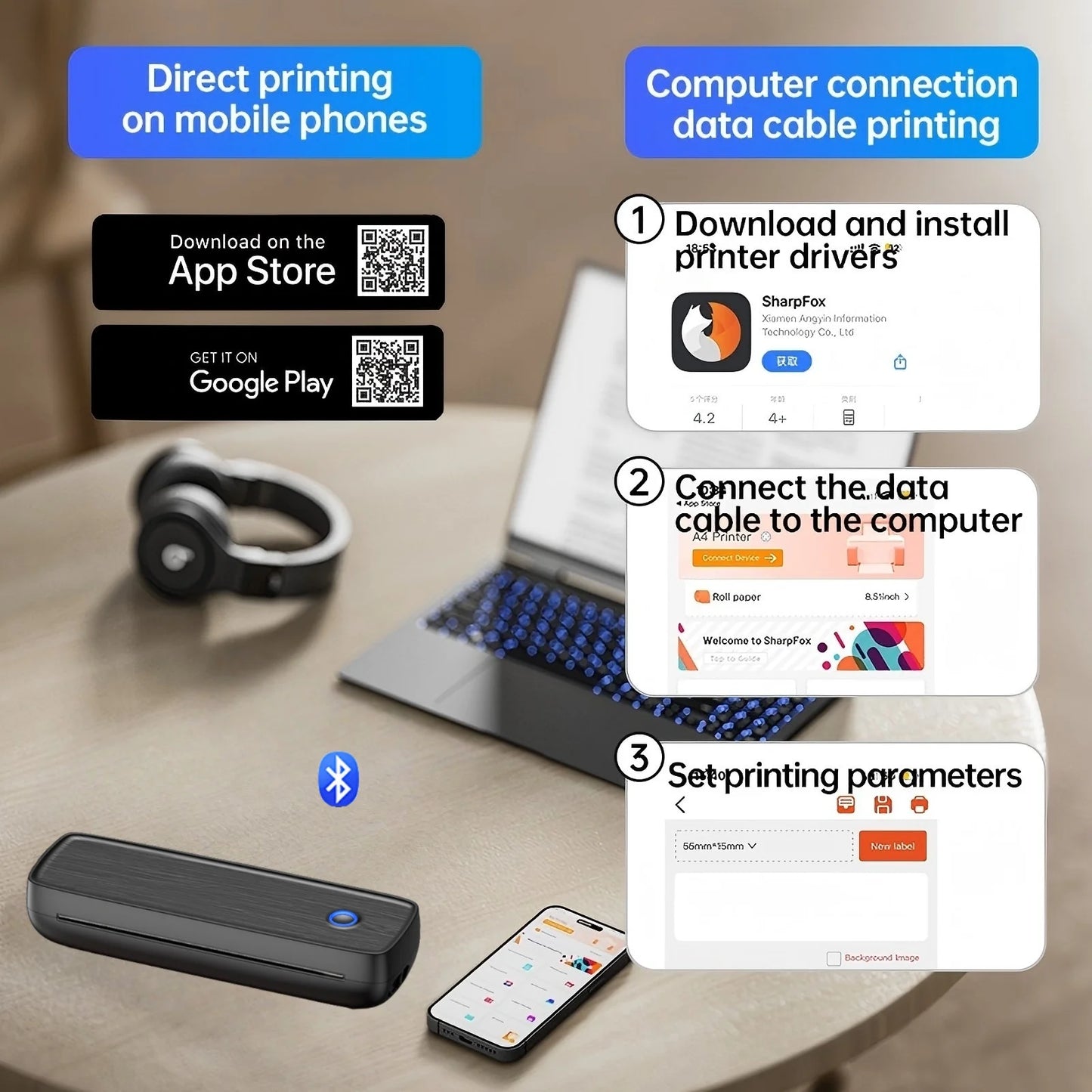 SirTech™ Portable Wireless Printer – Bluetooth Thermal Inkless Printer for iOS & Android
